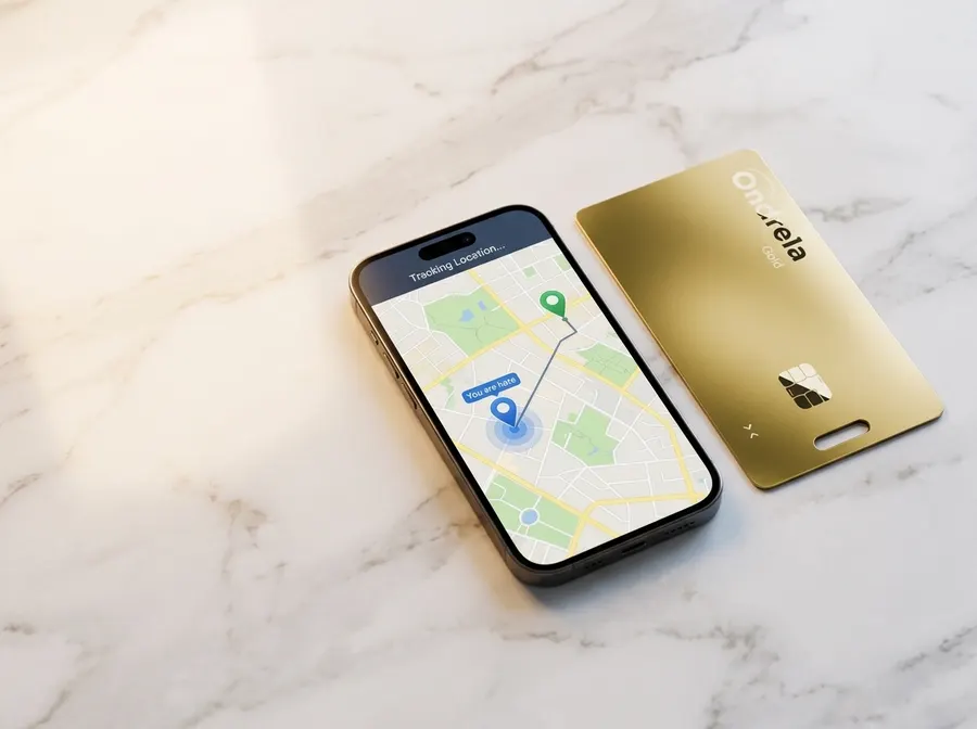 地図上に位置を表示したスマートフォンの横に置かれたゴールドのOndrela トラッカーカード