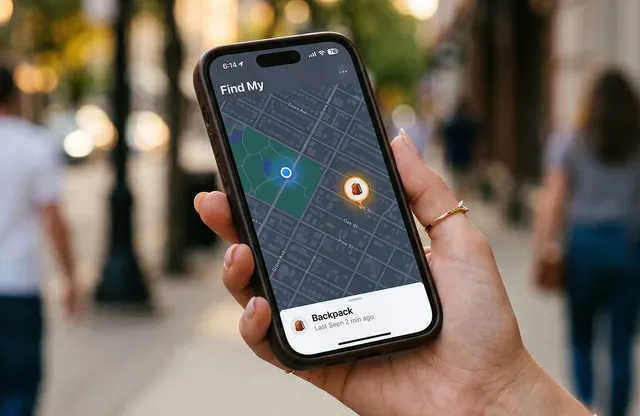市街地図の上にOndrelaカードの位置を表示したスマートフォンを持つ手
